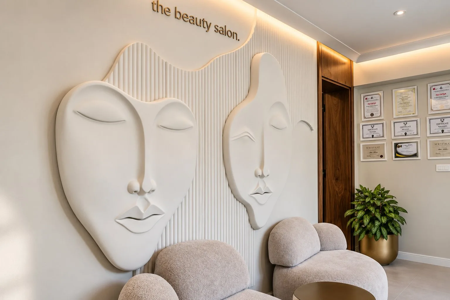 Стена салона красоты ZOE с рельефными лицами, надписью «the beauty salon.» и округлыми креслами из букле, проект ALISA DESIGN
